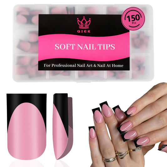 Qiek French Tips Press On Nails - 150Pcs Black Short Square Soft Gel Nail Tips Pre-Designed, 15 Sizes Fake Nails for Nail Art DIY, False Nails Salon Quality Manicure at Home Gifts For Women