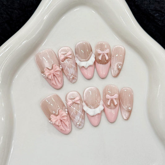 10Pcs Pink Almond Press on Nails Handmade Fake Nails Cute French Tip False Nail with 3D Bow Design Handmade Acrylic Nails Press ons Glitter Full Cover Nail Medium Reusable Stick on Nails for Women (S)