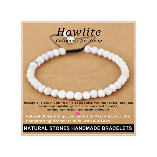 AD Beads 4mm Howlite - Calmness for Sleep - Handmade Natural Stone Crystal Bracelet with Adjustable Macrame String - Yoga Healing Power Energy Gifts for Men and Women