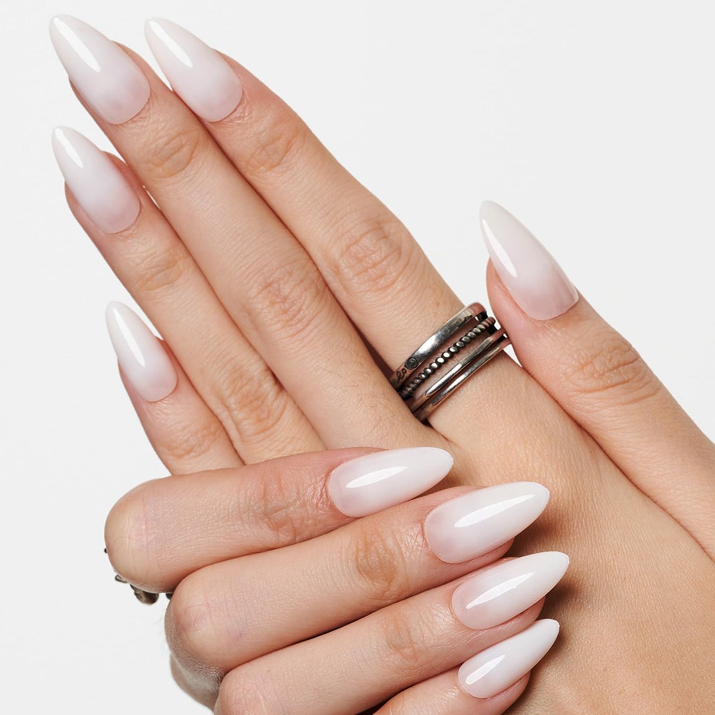 GLAMERMAID Press on Nails Medium Almond, White Ombre Gel False Nails, Glossy Short Stiletto Nude Glue on Nails Kit for Women, Reusable Short Oval Stick on Acrylic UV Finish Fake Nails Manicure Set