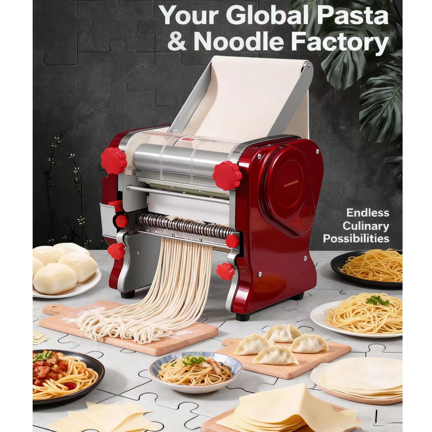 LEONEBEBE Pasta Maker Machine, Electric Commercial Pasta Roller with Stainless Steel Noodle Press, 3/9MM Blades, Dough Thickness Adjustable (0.3-5mm) for Spaghetti Lasagna Linguine Restaurant Use