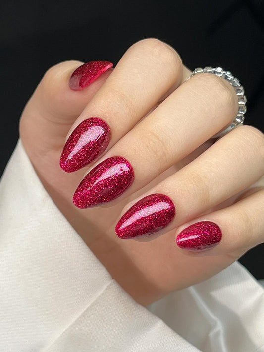 Hrnsnails Almond Shaped Press On Nails, Glue On Nails Medium Length Fake Nails with Red Glitter Glossy Designs, Nails Press Ons Gel False Nails, Artificial Nails Stick On Nails for Women