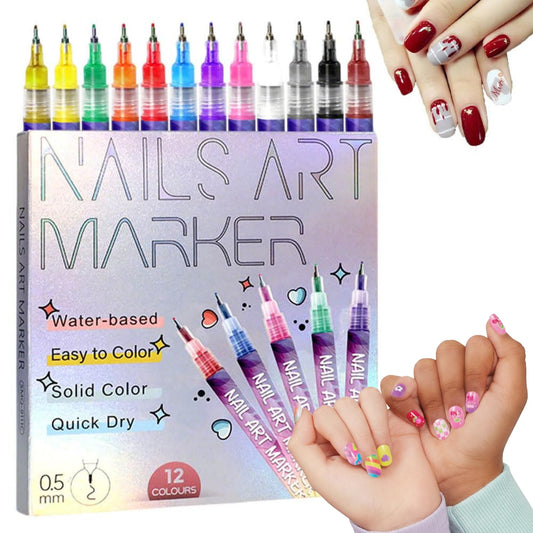 12 Color Nail Art Paint Pens Set, 0.5mm Fine Tip Acrylic Polish Pens for Drawing Graffiti Dotting Liner, Waterproof Quick Dry Nail Art Supplies for DIY Manicure Design Decoration