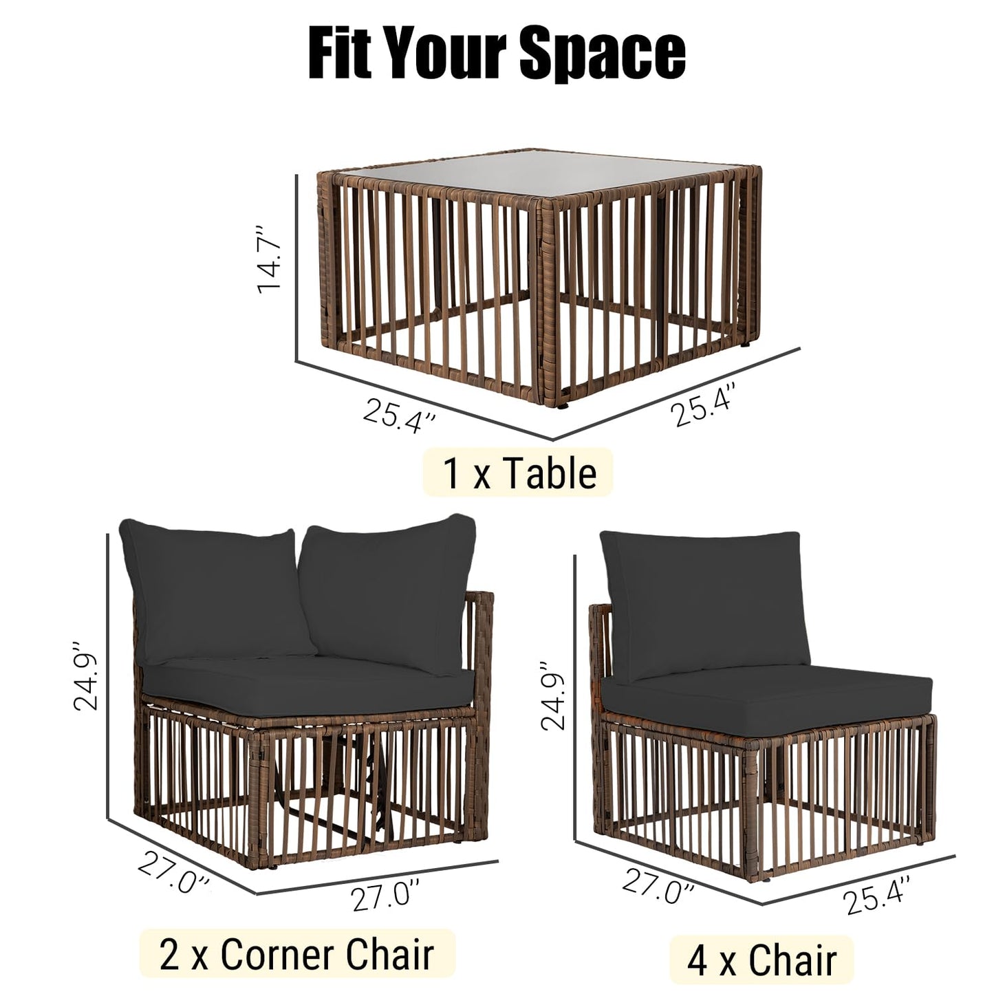 7-Piece Outdoor Patio Furniture Set, Modern PE Rattan Sectional Sofa with Adjustable Chaise Lounge & Glass Table, Modular All-Weather Wicker Conversation Set for Backyard Poolside Porch (Brown-Gray)