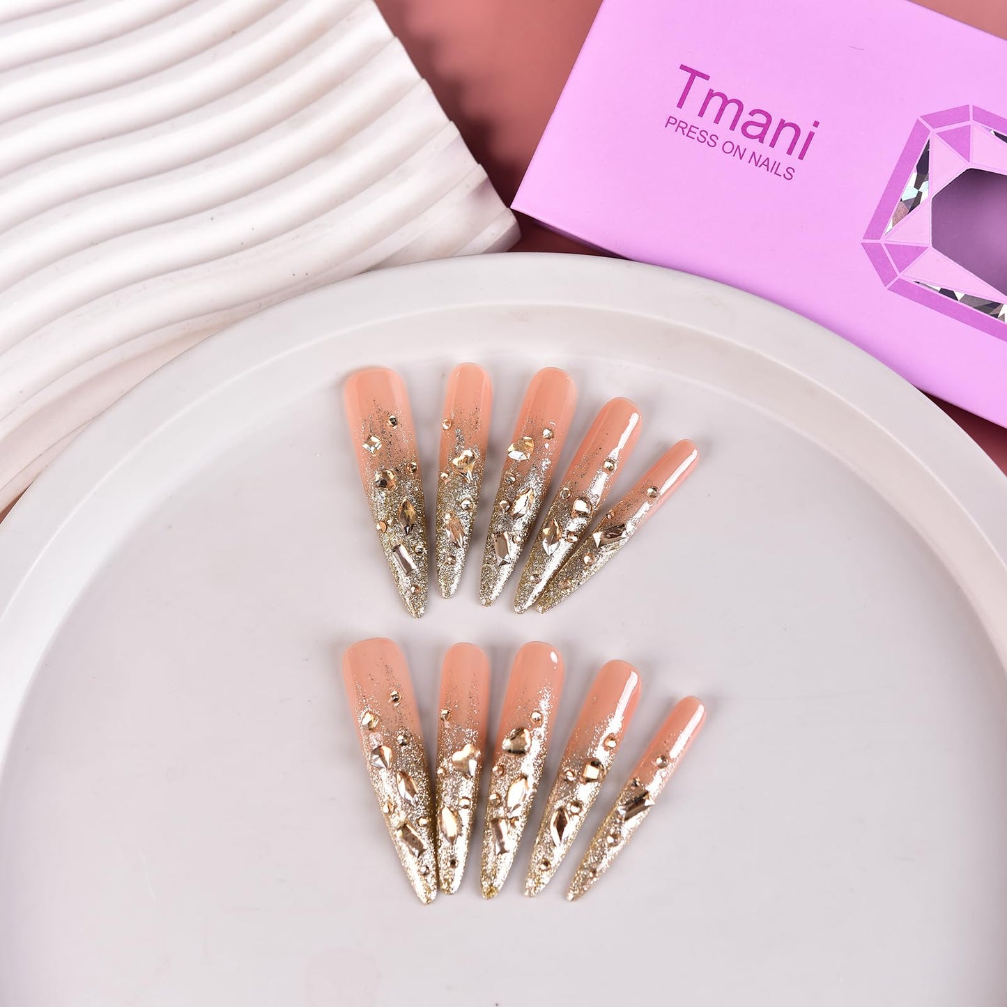 Tmani 10pc/set Extra Long Handmade Press On Nail Hot Girl's Long Ballet Nails Pointed Nail Full of Diamond Glitter Decoration Fake Nails Suitable For Girls Festival Parties and Birthday Gift (140,M)