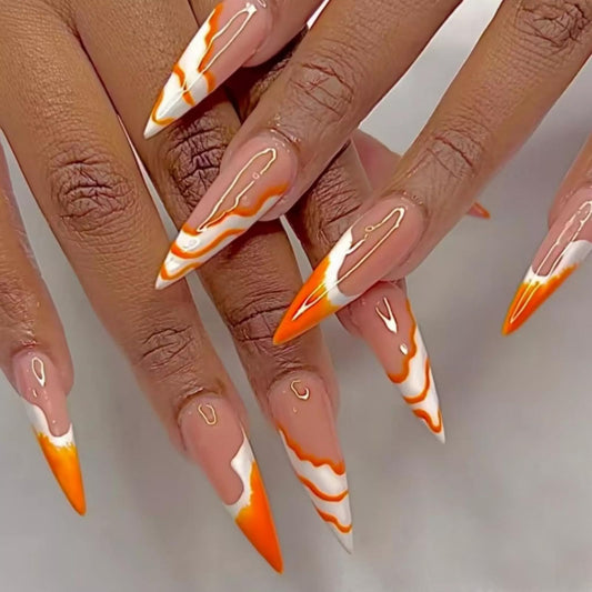 MISUD Press on Nails - Long Stiletto Glue on Nails with Orange Swirl, Acrylic Summer Design 24 pcs