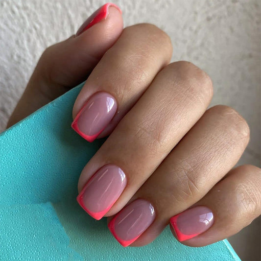 IMSOHOT Press on Nails Short Square Fake Nails Coral Pink French Tips False Nails Squoval Glossy Acrylic Full Cover Nude Artificial Stick on Nails for Women Girls 24Pcs