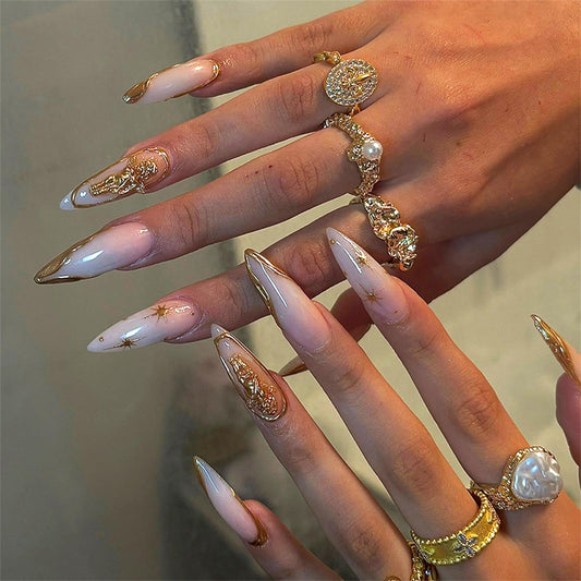 IMRAIN Long Press on Nails Stiletto Nude Blue Gradient Fake Nails 3D Golden Edge French Nail Tips Full Cover Handmade Acrylic Glossy False Nails with Angel Designs 24Pcs Elegant Manicure