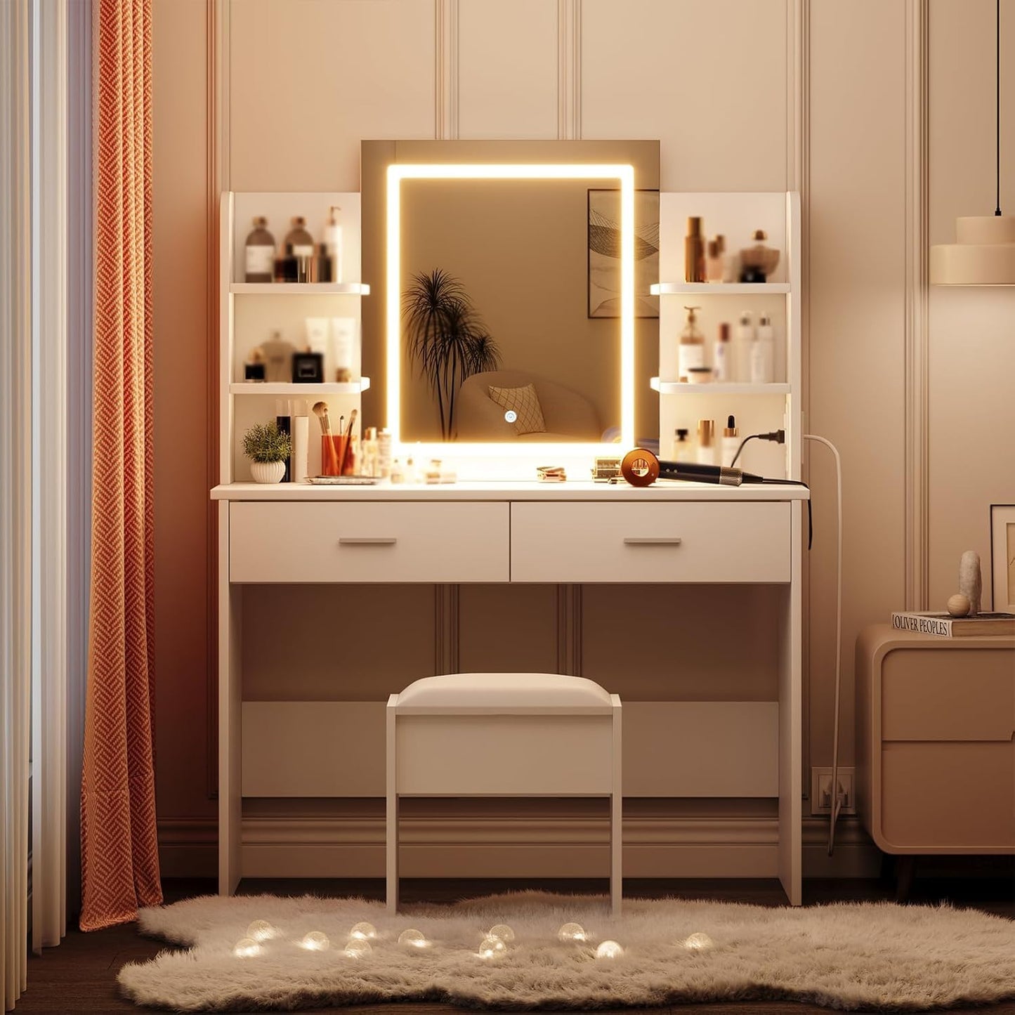 GarveeHome Vanity Desk with Lights, Tri-Mode LED Lighted Mirror and Charging Station, Makeup Vanity Set with 6 Shelves, 2 Drawers, and Soft Cushion Stool for Bedroom