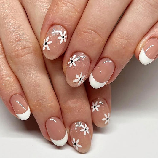 Flower Press on Nails Short Oval SWEKKE White French Tip Fake Nails Nude False Nails with Designs White Floral Full Cover Glossy Glue on Nails Spring Summer Acrylic Nails for Women Girls 24 Pcs