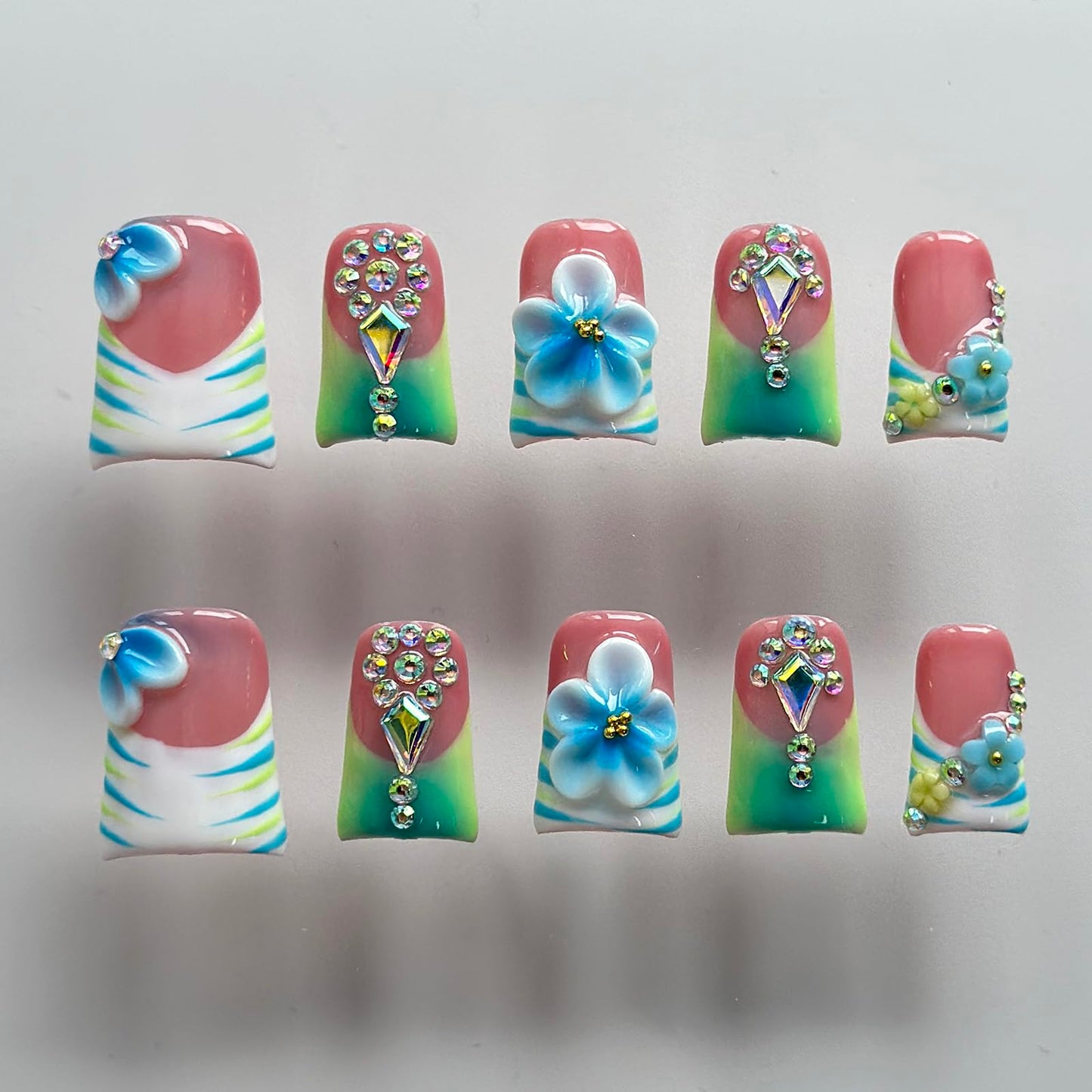 Luxury Press on Nails Short Duck Handmade 3D Unique Reusable ABS Material Fake Nails French Tip False Nails with Designs Floral Rhinestones Blue&Green Glossy Glue on Thick Acrylic Nails(M)