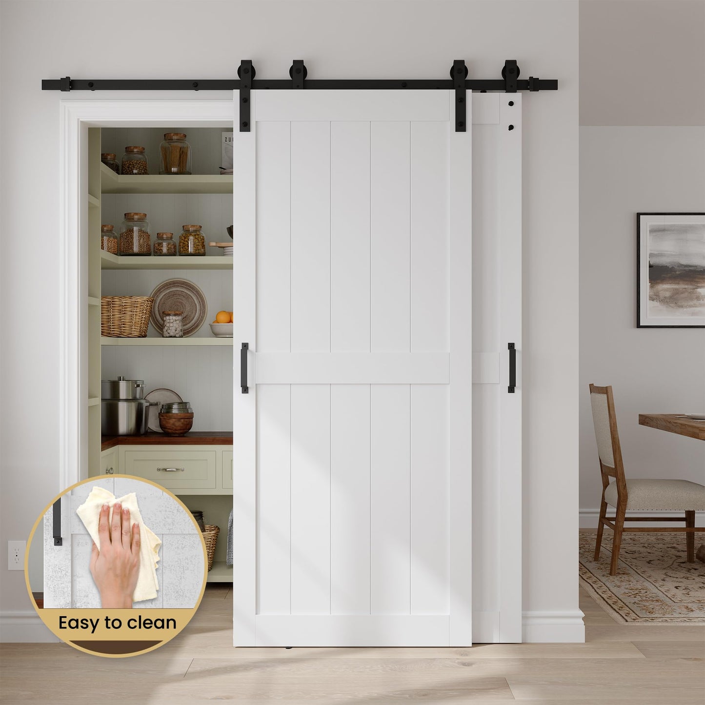 COSHOMER 28" x 84" Bypass Barn Door, Sliding Barn Door with 5FT Track Hardware Kit Included, H Shape Solid Core MDF Barn Doors, Waterproof PVC Surface, Save Space, Easy to Install, White