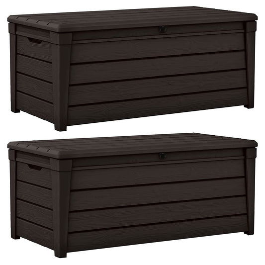 Keter 2 Pack Storage Bench, Weatherproof Resin Outdoor Backyard 120 Gallon Deck Box, Brightwood, Brown