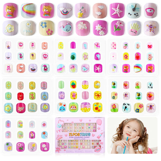 SAVILAND 3D Press on Nails for Kids: 7 Pack Kid Press on Nails for 5-9 Years Pre Glue Full Cover Short Kids Fake Nails Stick On Children Artificial False Nail Tips Fingernails Gifts for Kid