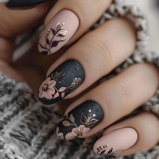 Short Press on Nails Almond Fake Nails with Flower Leaves Design Spring Floral False Nails Full Cover Acrylic Nails Matte Black Pink Glue on Nails Cute Stick on Nails for Women Manicure Decorations