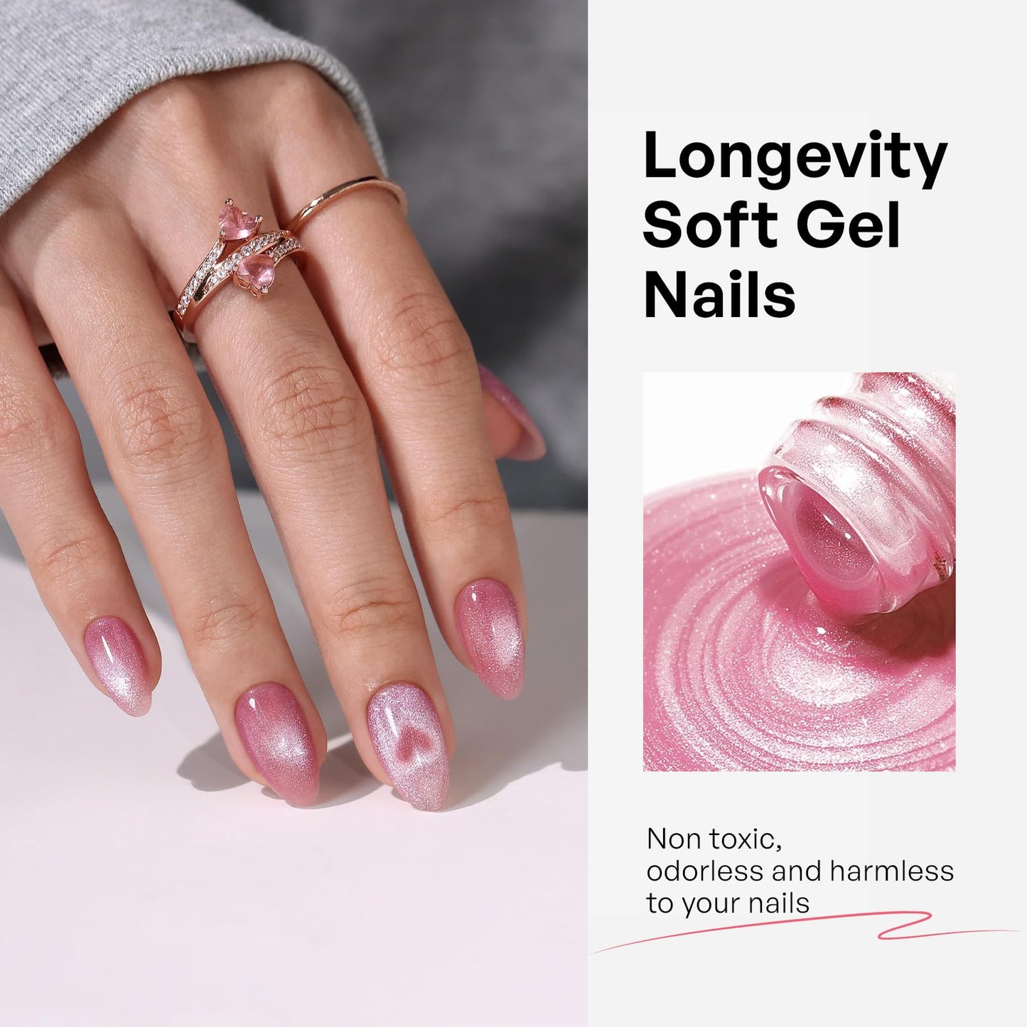 Short Almond Press on Nails Pink - GJZEZ Soft Gel Cute Cateye Nails Press ons with Magnetic Heart Designs in a Velvet Finish, Reusable Fake Faux Nail Gifts for Women in 16 Sizes 32 PCS, Romance