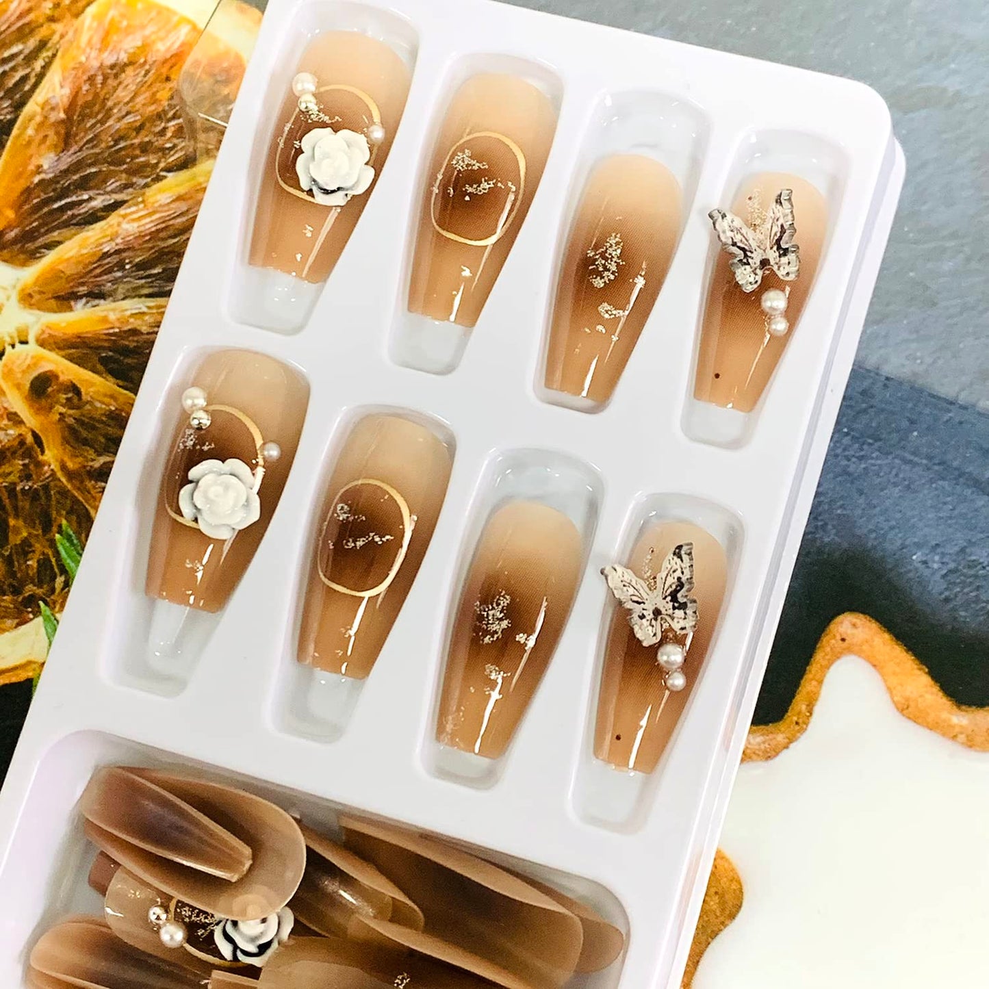 24Pcs Full Cover Reusable Coffin False Nails, Press on Nails Square Medium Length, Artificial Acrylic Fake Nails with Black Butterfly Flower Designs, Women Glue on Nails, Stick on Nails for Nail Art
