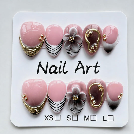 Threelegscat Handmade Short Almond Press on Nails, 10 PCS Fake Nails with 3D Flower & Gold Bead, Nude Pink French False Nails, Reusable Size M for Woman Daily& Gift