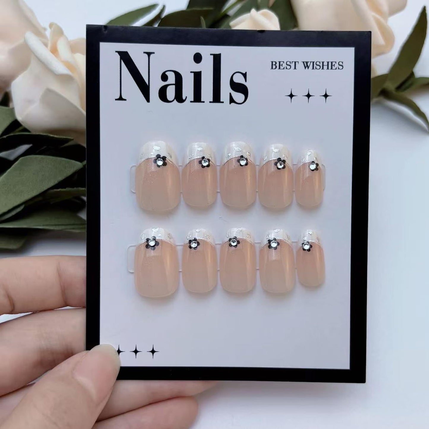 24Pcs French Tip Press On Nails Short Almond Fake Nails Nude Pink with Black Flowers & Silver Rhinestones Glossy Acrylic False Nails with Glitter Edge,Full Cover Stick On Nails for Women DIY Manicure