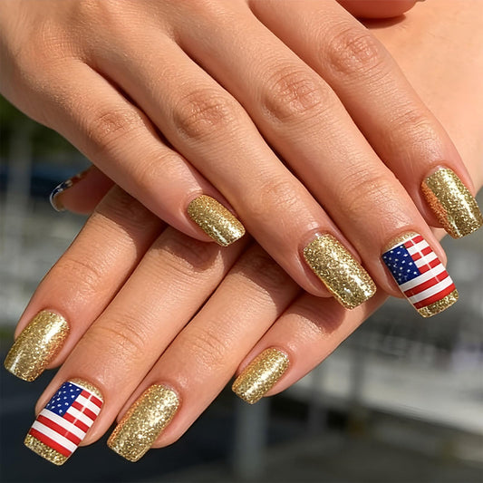 4th of July Press on Nails Medium Square Fake Nails National Flag Red Lines White Star Gold Glitter Designs Glossy Nails Press ons Fourth of July Acrylic Artificial Stick on Nails for Women 24Pcs