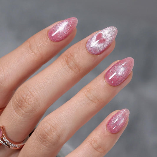 Short Almond Press on Nails Pink - GJZEZ Soft Gel Cute Cateye Nails Press ons with Magnetic Heart Designs in a Velvet Finish, Reusable Fake Faux Nail Gifts for Women in 16 Sizes 32 PCS, Romance