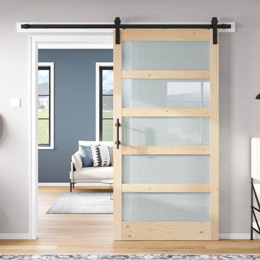 ROYMELO 42x84 inch Glass Sliding Barn Door Slab with 7ft Hardware Kit Included, 5-Panel Frosted Glass, Spruce Wood Support DIY Dyeing, Easy Assembly