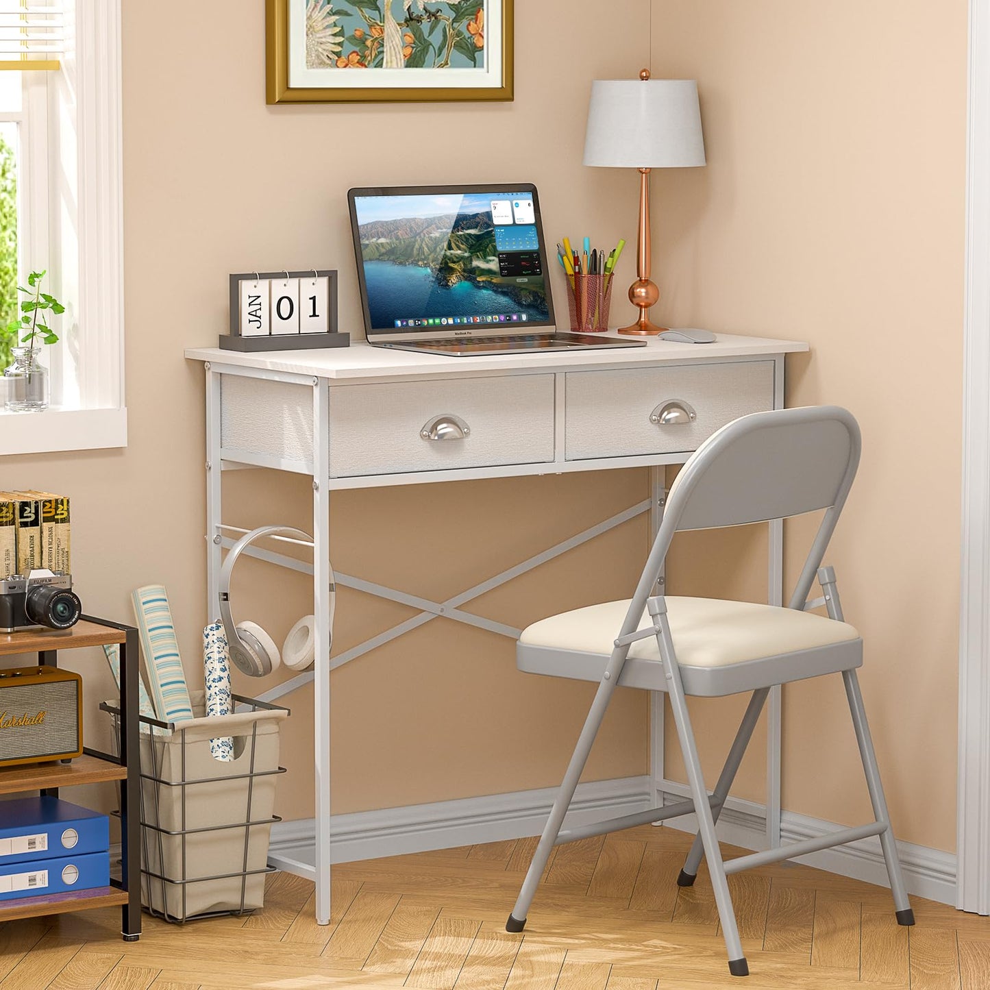 DAOUTIME Small Writing Desk for Kids Bedroom, 31.5 Inch White Computer Desk for Small Spaces, Simple Desk with 2 Fabric Drawers for Home Office, Dorm, Living Room, Home Study Table, White