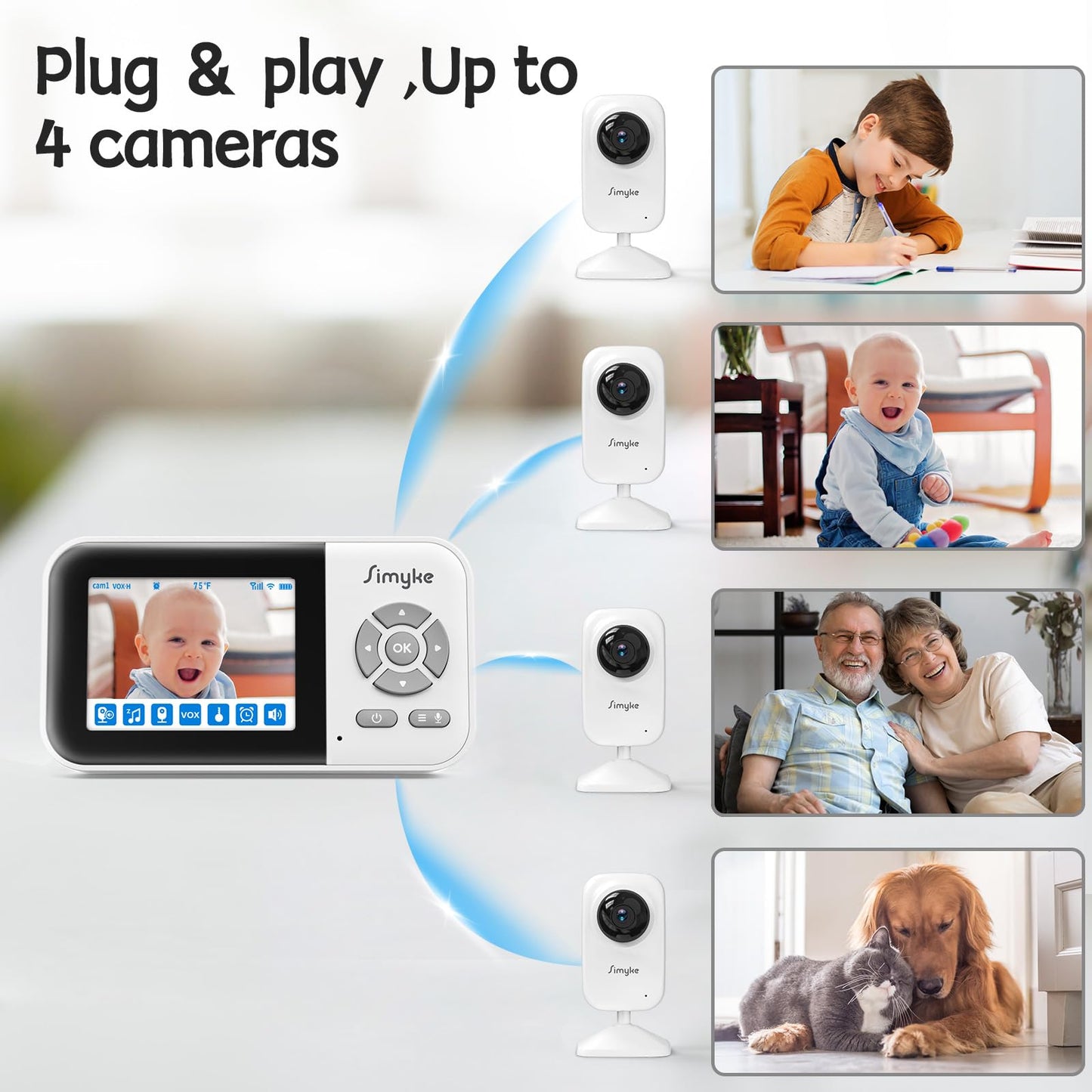 Simyke Video Baby Monitor with Camera No WiFi 1200ft Long Range, 2.8" Plug & Play Diaplay, Auto Night Vision, 5 Lullabies Portable Baby Sound Monitor, Baby Room Use, for Baby/Elderly