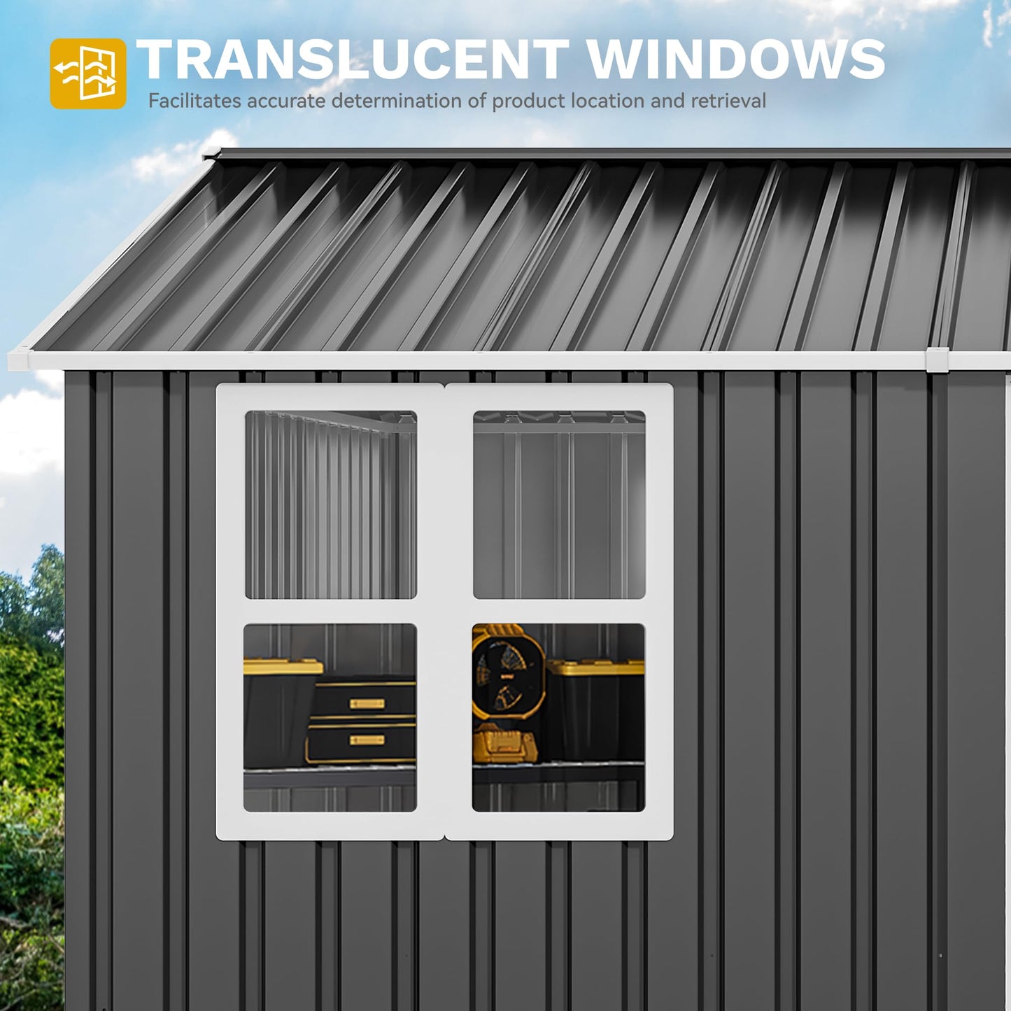 DWVO 10x8ft Large Tool Storage Shed with Window, Lockable Doors, and Sloped Roof, Oversized Steel Outdoor Storage Shed for Garden, Patio, Garage, Backyard, Lawn - Dark Gray