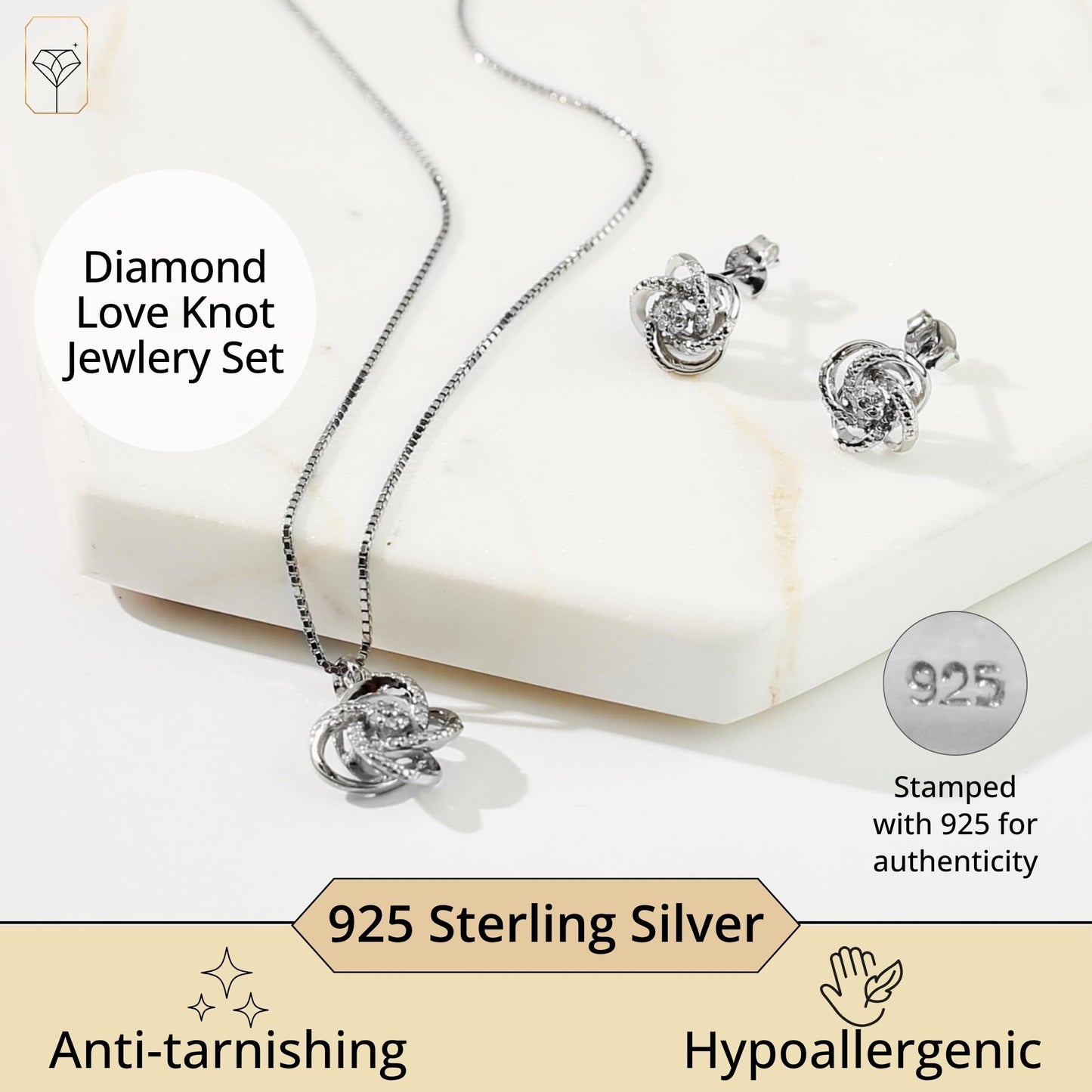 MAX + STONE 1/4 Carat Natural Diamond Love Knot Stud Earrings and Pendant Necklace for Women | Hypoallergenic 925 Sterling Silver Diamond Love Knot Jewelry Sets with 18 Inches Chain and Gift Box