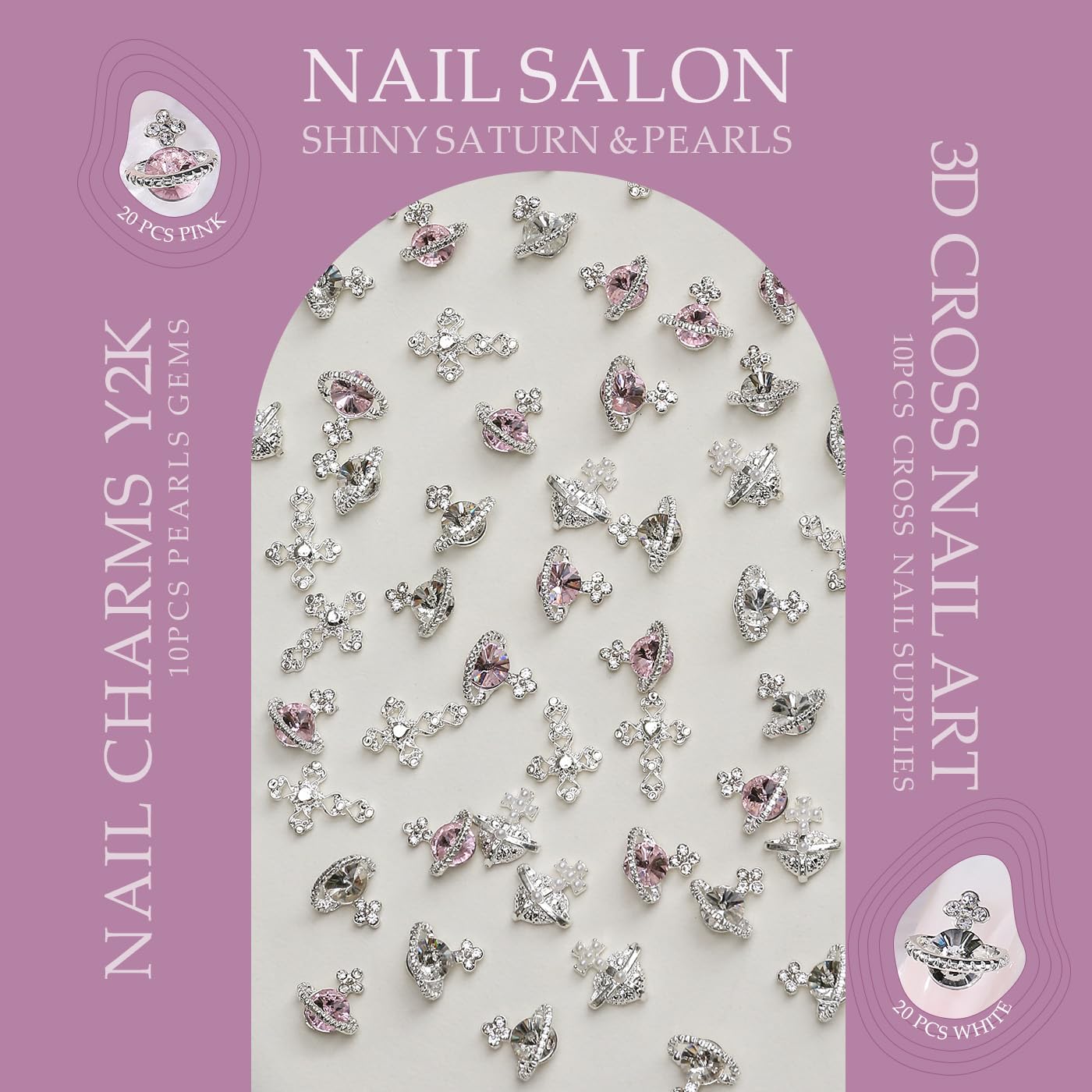 60pcs Planet Nail Charms with Gems, Y2K Sliver Cross Nail Art Charms, 3D Chrome Nails White Pink Saturn Shape Shiny Rhinestones Nail Supplies, Crystal Acrylic Charm for Women
