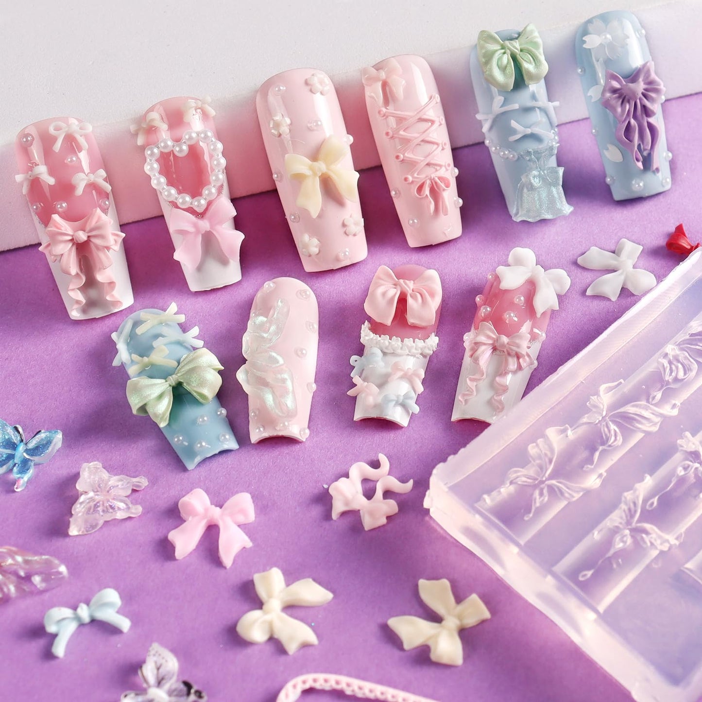 Laza 4pcs Bowknot Silicone Nail Art Molds, 3D Multiple Shapes Ribbon Lace Bows Charms Silicone Nail Accessories with Carving Pen Resin Nail Art Mold Manicure Tools for Women DIY Manicure Design
