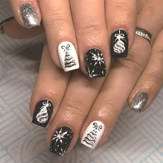 LWTZLW Christmas Press on Nails Christmas Tree Short Square False Nails Snowflake Glue on Nail Black Silver Glitter Design Acrylic Fake Nails Winter Artificial Glossy Nail Reusable for Women