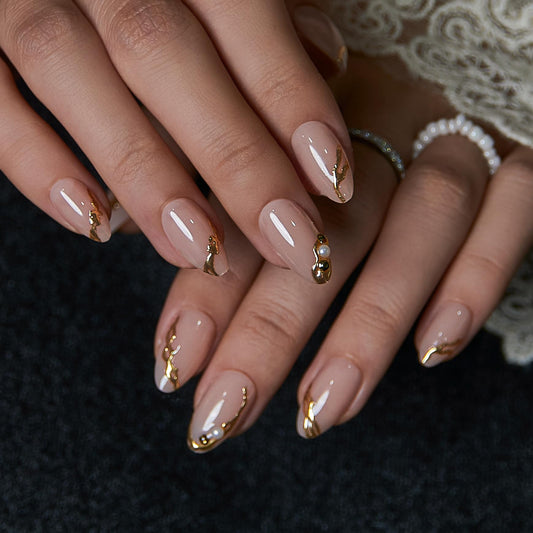 CurvLife Nude Almond Press On Nails with Gold 3D Lines, Medium Soft Gel Fake Nails with Pearl Accents, Nude Beige Gold Press On Nails for Women, Bridal Wedding Glue On Nails Kit, Salon Quality