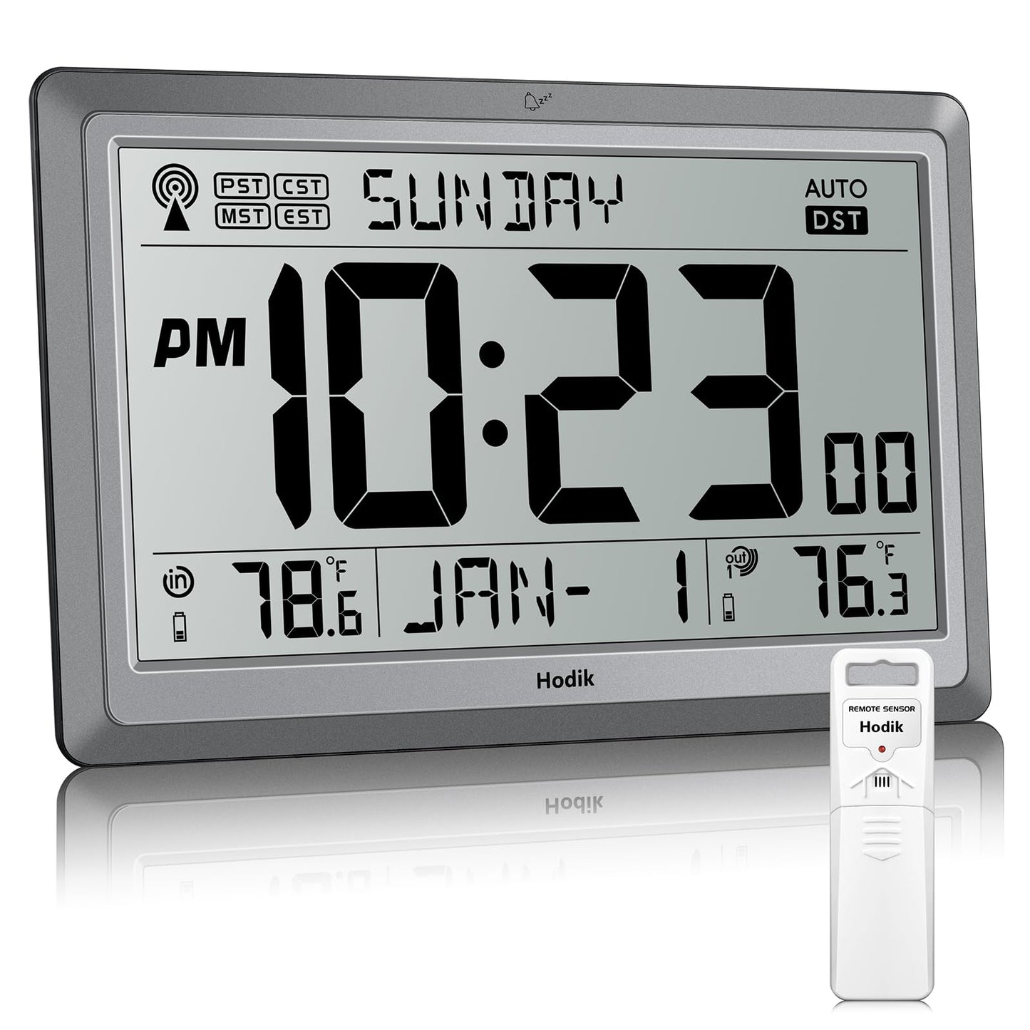 HODIK Wall Clock Atomic with Indoor Outdoor Temperature Battery Powered, Easy Reading with 10.5 Inch LCD Display, 330FT Range Table Wall Clock with DST, 12/24 Hour for Living Room Kitchen (Silver)