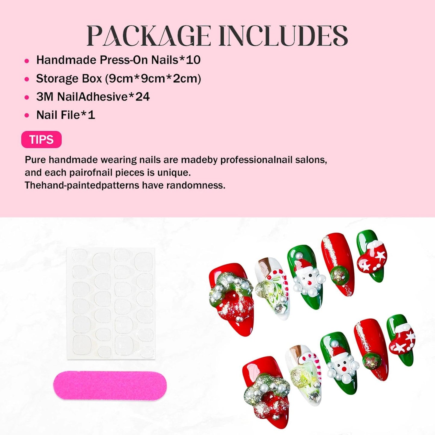 Handmade 3D Christmas Red-Green 3D Element Stiletto Press On Nails, Playful Rhinestone Festive Artisan Nails Set, Reusable Glossy Press-ons with Tool Kit (M)