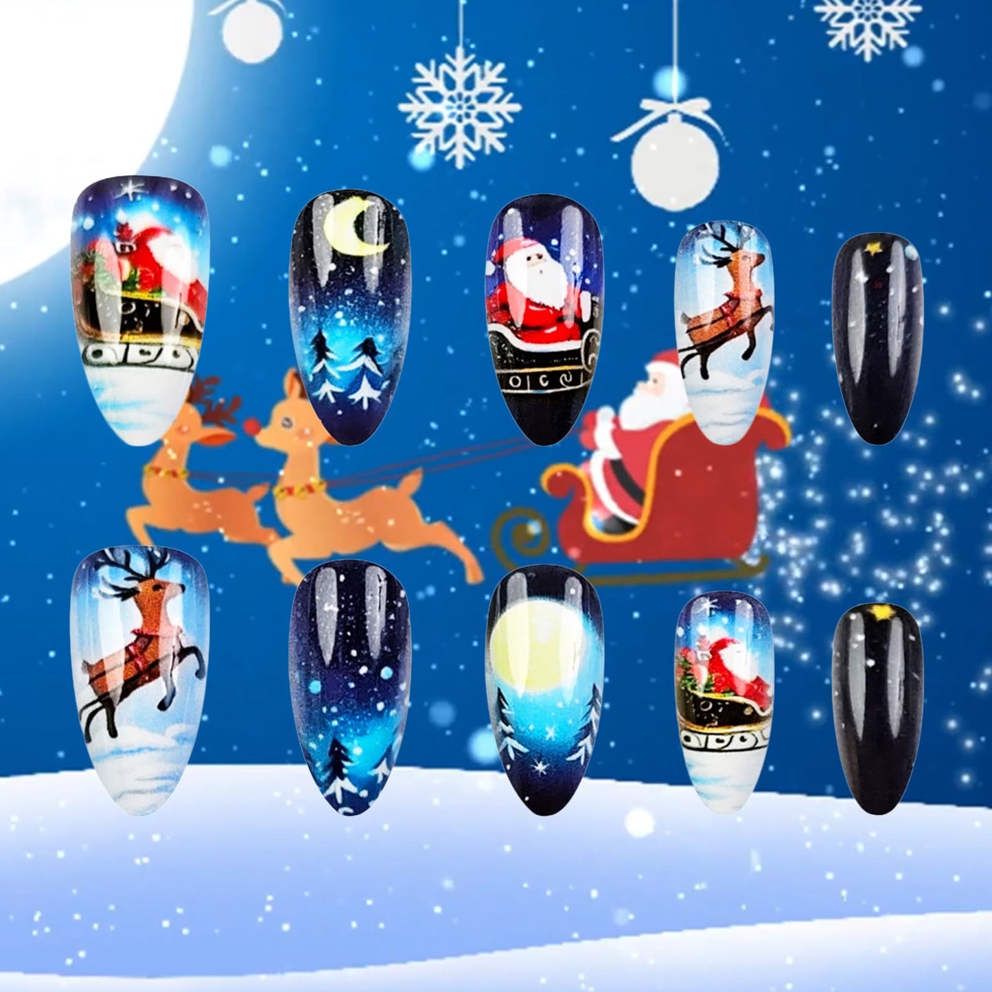 Christmas Press on Nails 24Pcs Reindeer Gel Glue on Nail Santa Claus Medium Almond False Nails Glossy Blue Gradient Acrylic Fake Nail Moon Stick on Fingernails for Women Xmas Gift