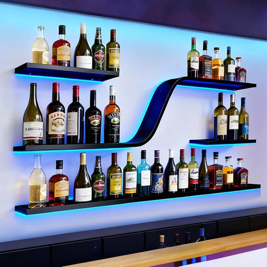 59IN Modern Wall Mounted Wine Rack with Blue LED Light, 3-tiers Metal Curved Bar liquor Bottles Display Shelf, Large Floating Bar Shelves Storage for Home bars, kitchens Coffee Shop (Black, 59in)