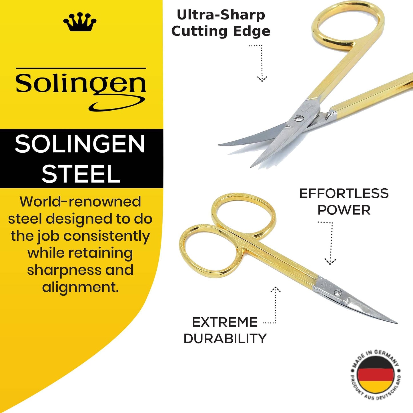 Camila Solingen CS05 Professional Nail Cuticle Scissors, Hypoallergenic Gold Plated Sharp Curved Manicure Pedicure Grooming for Finger and Toe Nail Care. Made of Carbon Steel in Solingen, Germany