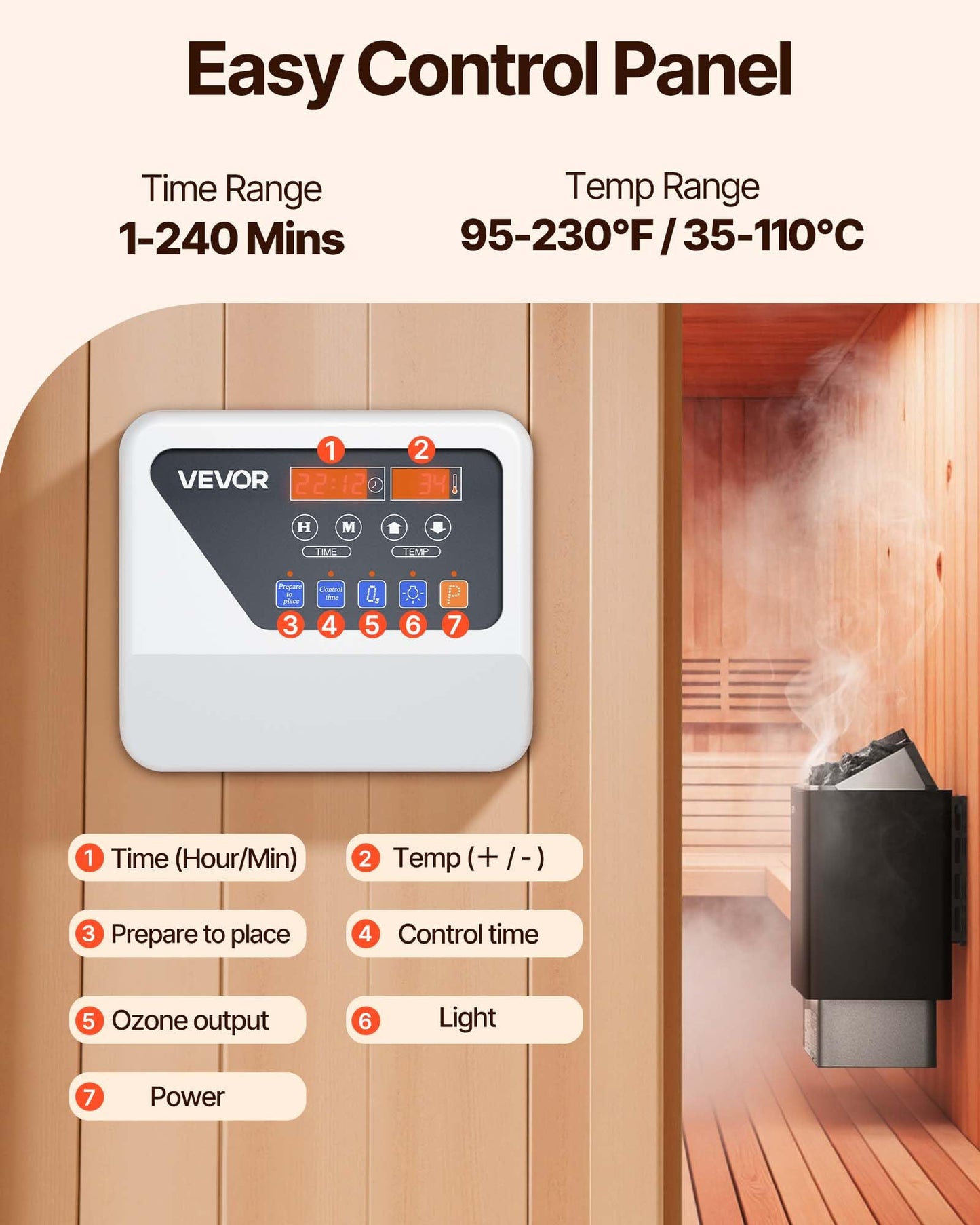 VEVOR Sauna Heater, 9KW 220V Electric Sauna Stove, Steam Bath Sauna Heater with External Digital Controller, 3h Timer & Adjustable Temp for Max. 317-459 Cubic Feet, Home Hotel Spa Shower FCC Certify