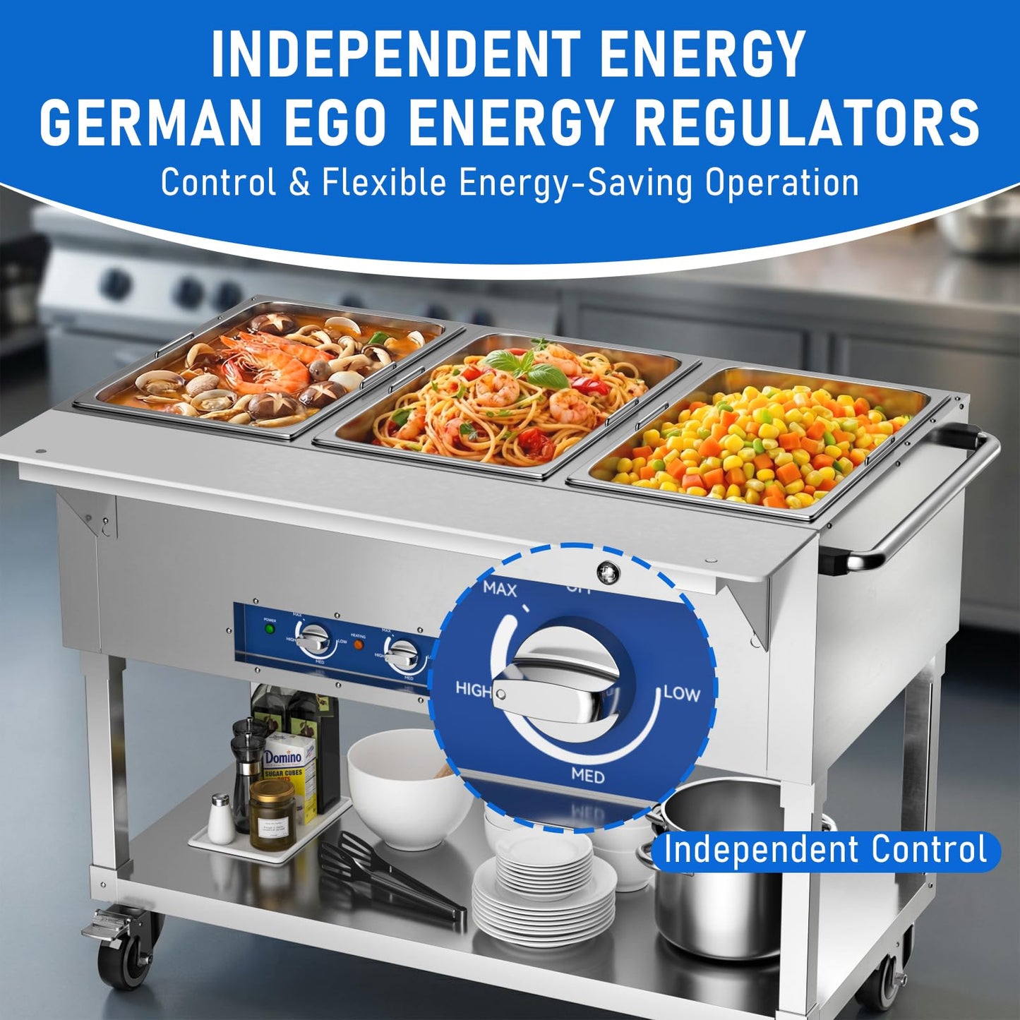 TOPKITCH Commercial Electric Food Warmer Soup Station - 3 Independent 19.5L Pans with German EGO Thermostat, Rolling Stand with Adjustable Shelves for Restaurant, Catering, Party