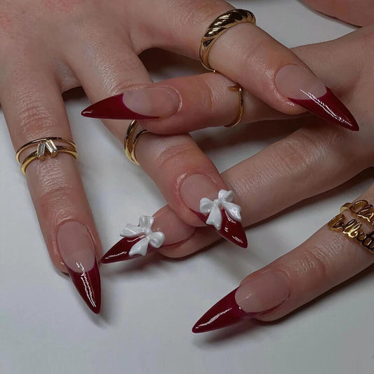 MERVF Long Press on Nails Almond Fake Nails Red French Tip Glue ons Stiletto Acrylic False Nail Charms with Bow Design 24pcs Glossy