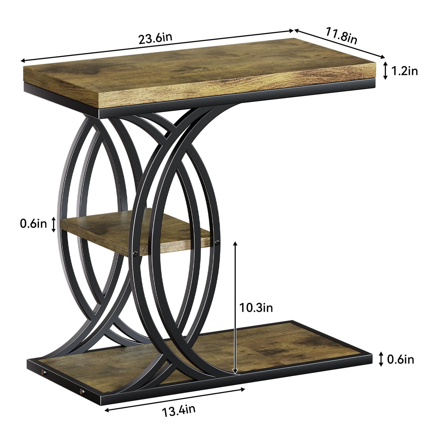 FJLHOHG C Shaped End Table, Bed Side Table, 3-Tier Side Table with Metal Frame, Wood End Table with Storage for Living Room, Couch, Sofa, Bedroom, Easy Assembly, 23.6" D*11.8" W*23.6" H, Rustic Brown