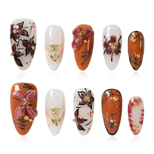 Tesytto 3D Embossed Flower Press on Nails Almond - Handmade Orange Brown & White Design, Luxury Glossy Reusable Fake Nails for Women(Orange Pink Flower Glaze, L)