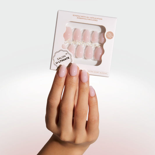 Celebritips Press On Nails - Salon U-ltimate™ | Bare Milk, Extra Short Almond Nails, Reusable | 16 sizes - 32 Nails Kit with Glue and Sticky Tabs