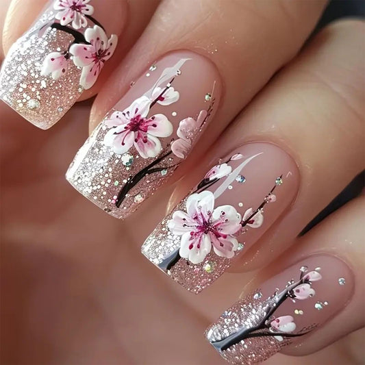 French Tip Press on Nails Square Medium Fake Nails with White Flower Black Lines Silver Glitter Designs Glossy Glue on Nails Nude Nails Press ons Acrylic Artificial Stick on Nails for Women 24Pcs