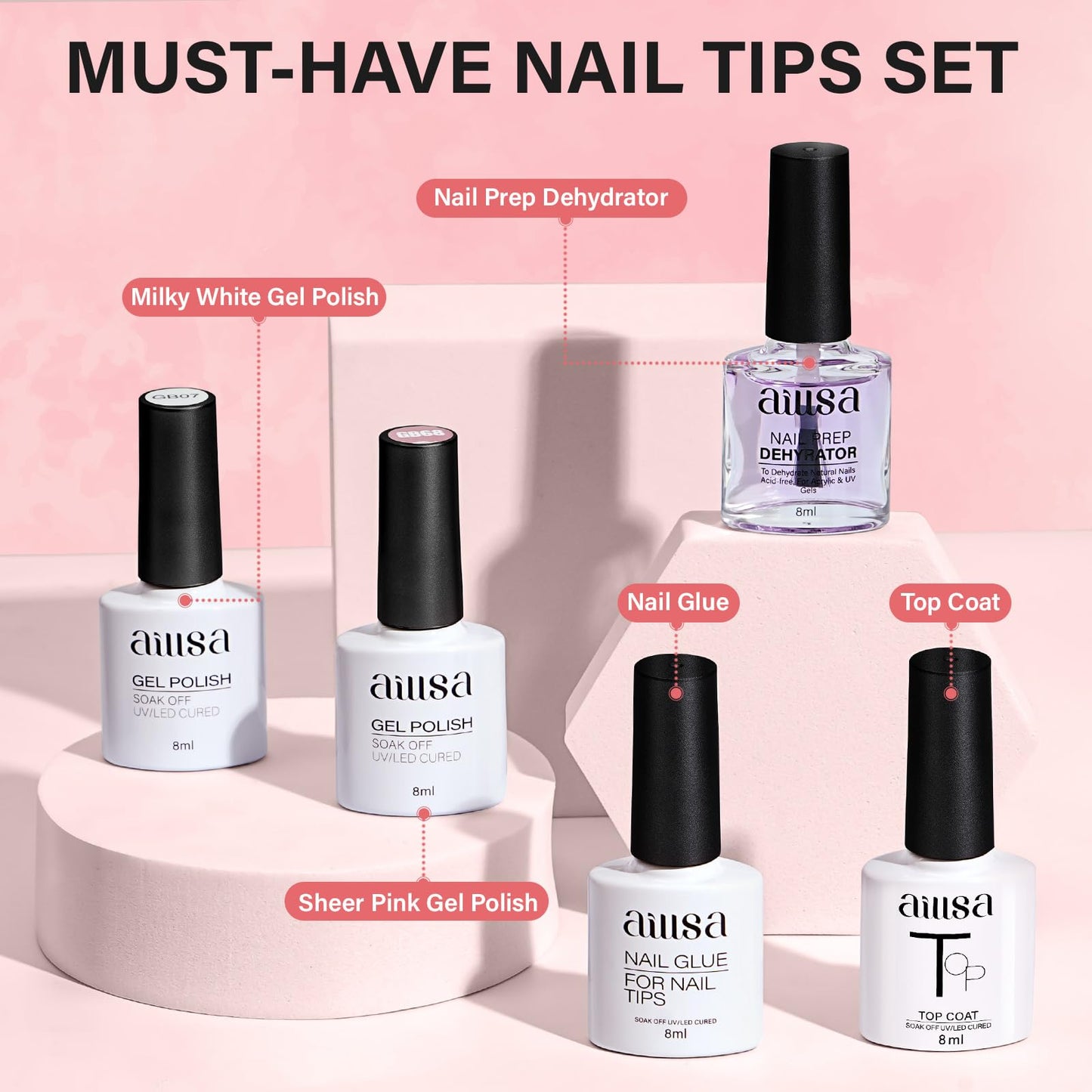 AILLSA Gel Nail Tips Kit Short Square Nail Tips 240pcs with 2 In 1 Nail Glue Base Coat and Nail Dehydrator, Nail Extension Kit with Nail Lamp Top Coat for Starters Home Salon