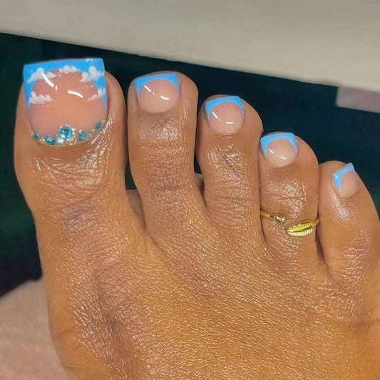 MISUD Press on Nails - Toe Glue on Nails with Blue French Tip, Acrylic Toenails Rhinestone Design 24 pcs