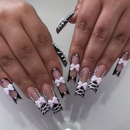 SEENEEY Long Press on Nails Square Fake Nails Black Artificial Nail White Bow Stick on Nail for Women 24pcs