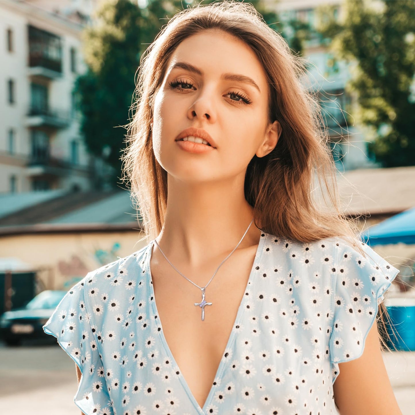 EVERU S925 Sterling Silver Cross Necklace for Women Birthstone Necklace with Cubic Zirconia 18K Gold Plated Cross Pendant Jewelry Ideal Gift Light Purple Alexandrite June